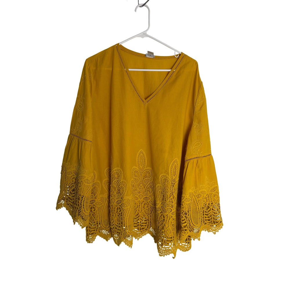 Chicos Mustard Yellow Eyelet Lace Embroidery Bell Sleeve Tunic Top Size 3 16/18